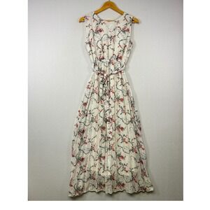 Cottagecore Sharifa Womens XL White Red Floral Pleated Sleeveless Maxi Dress Tie